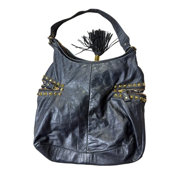 Betsey Johnson Studded Leather Hobo Bag Tassel Accent & Leopard Print Lining - Picture 4 of 9